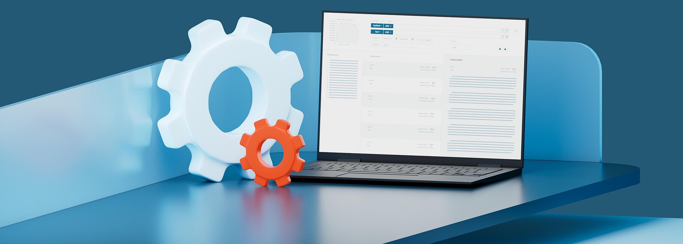 Illustration: Ein Laptop und zwei Zahnräder